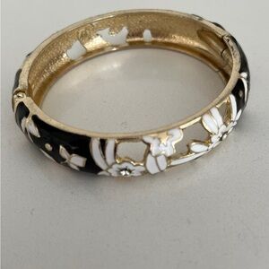 BRACELET Enamel Black White Rhinestone Floral Open Work Hinge Gold Tone Metal